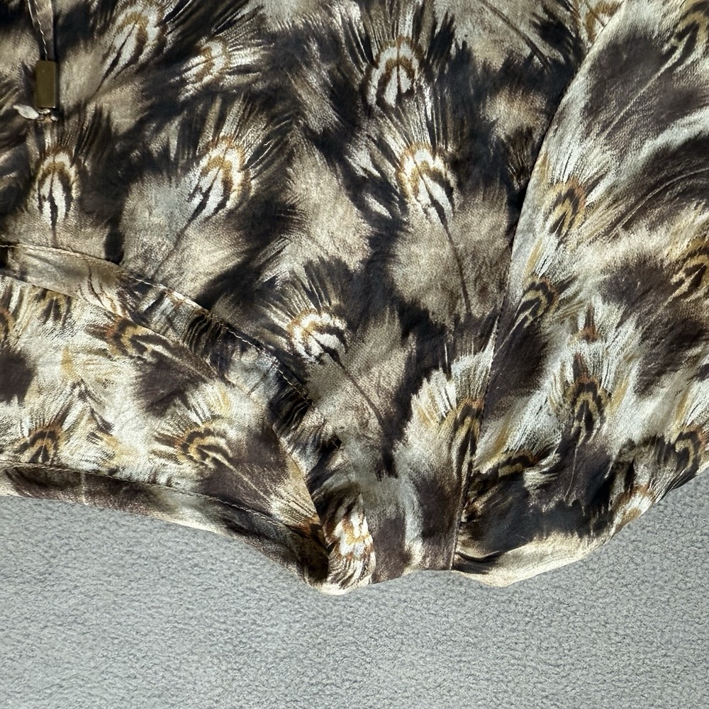 Mango MNG Suit Blouse Womens 8 Large Brown Silk Balloon Sleeve Peacock‎ Feather - Picture 14 of 15
